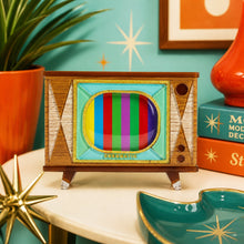 Load image into Gallery viewer, Lipstick &amp; Chrome Tune In Customisable Retro TV Acrylic Brooch
