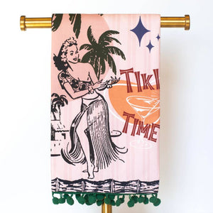 Vintage Tiki Time Dish Towel With Pom Pom Trim