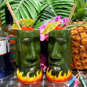 Green Easter Island Tiki Mug With Flames