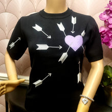 Load image into Gallery viewer, Astro Bettie Carefree Embroidered Ladies Sweater Black With Lavender Heart
