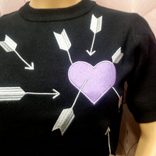 Load image into Gallery viewer, Astro Bettie Carefree Embroidered Ladies Sweater Black With Lavender Heart
