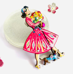 50s Lady With Dog Christmas Brooch