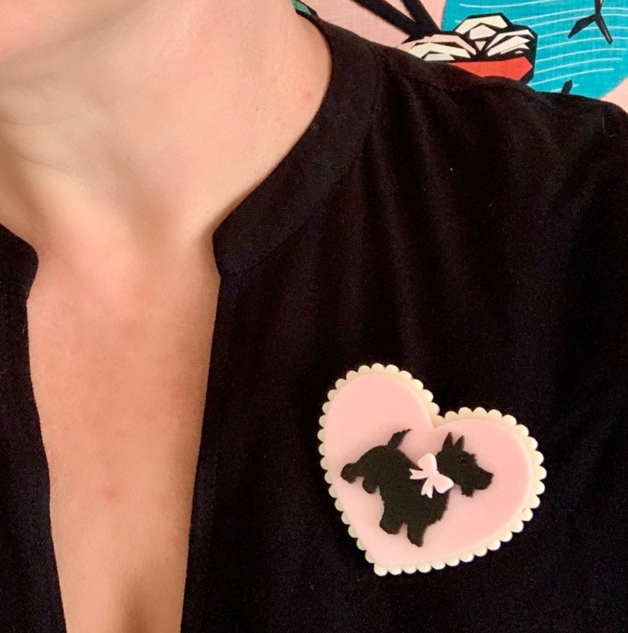 Scottie Dog In Pink Love Heart Brooch