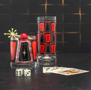 Black & Red Retro Blocks Collins Highball Cocktail Glass