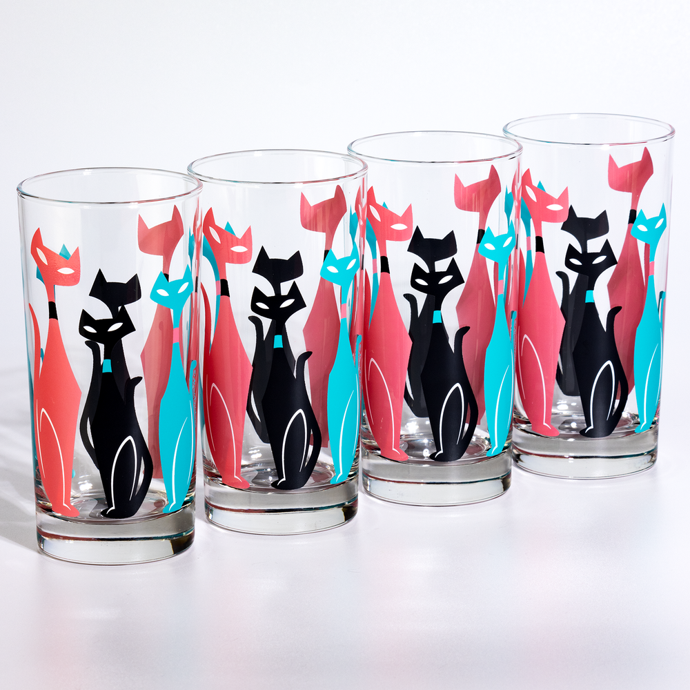 Atomic Drinkware & Scooter Purrrfectly Pink Sexton Cats Collins Highball Cocktail Glass