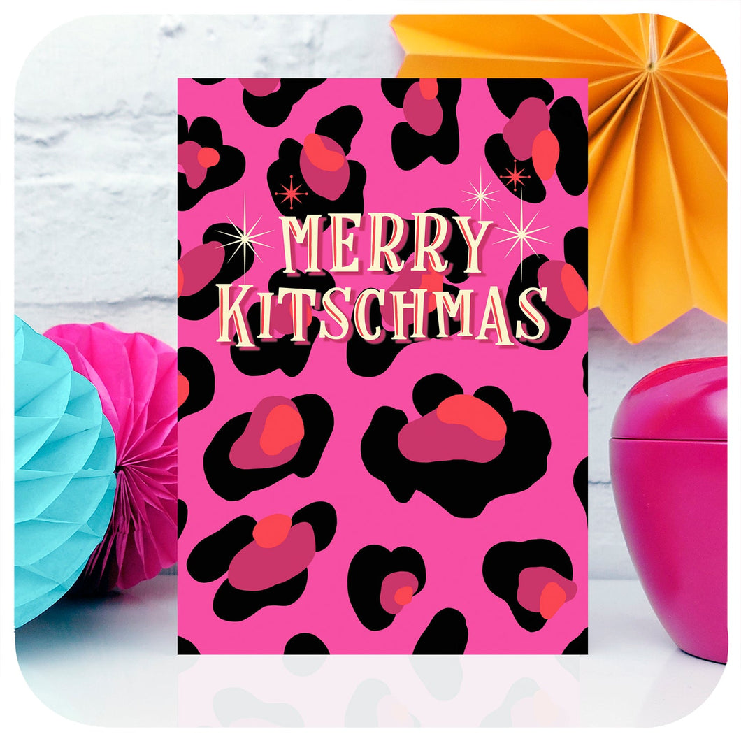 Merry Kitschmas Pink Leopard Print Greetings Card