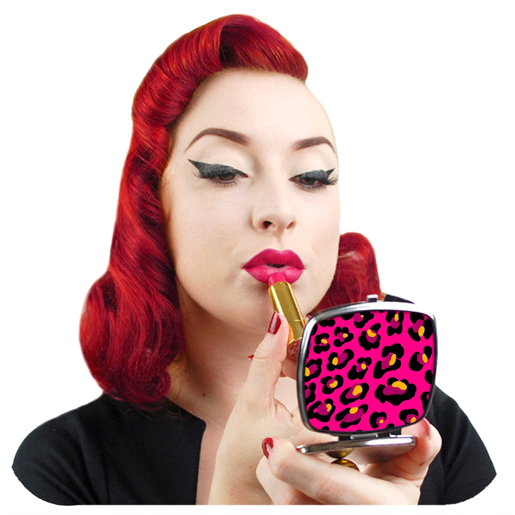 Inkabilly Pink Leopard Print Compact Mirror