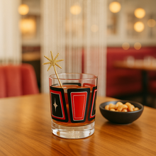 Load image into Gallery viewer, Black &amp; Red Retro Blocks Old Fashioned Rocks Cocktail Glass With Star Detail
