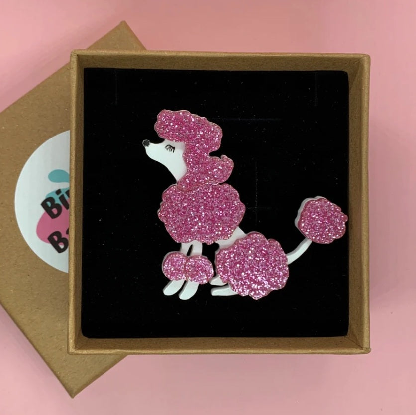 Glitter Pink Sitting French Poodle Brooch