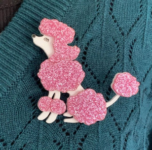 Glitter Pink Sitting French Poodle Brooch