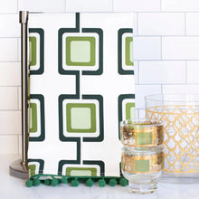 Load image into Gallery viewer, Mid Century Modern Green Retro Squares Dish Towel With Pom Pom Trim
