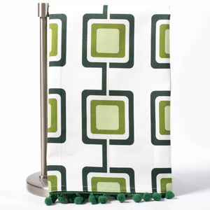 Mid Century Modern Green Retro Squares Dish Towel With Pom Pom Trim