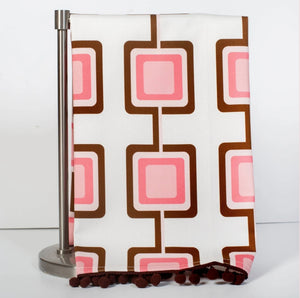 Mid Century Modern Pink Squares Dish Towel With Pom Pom Trim