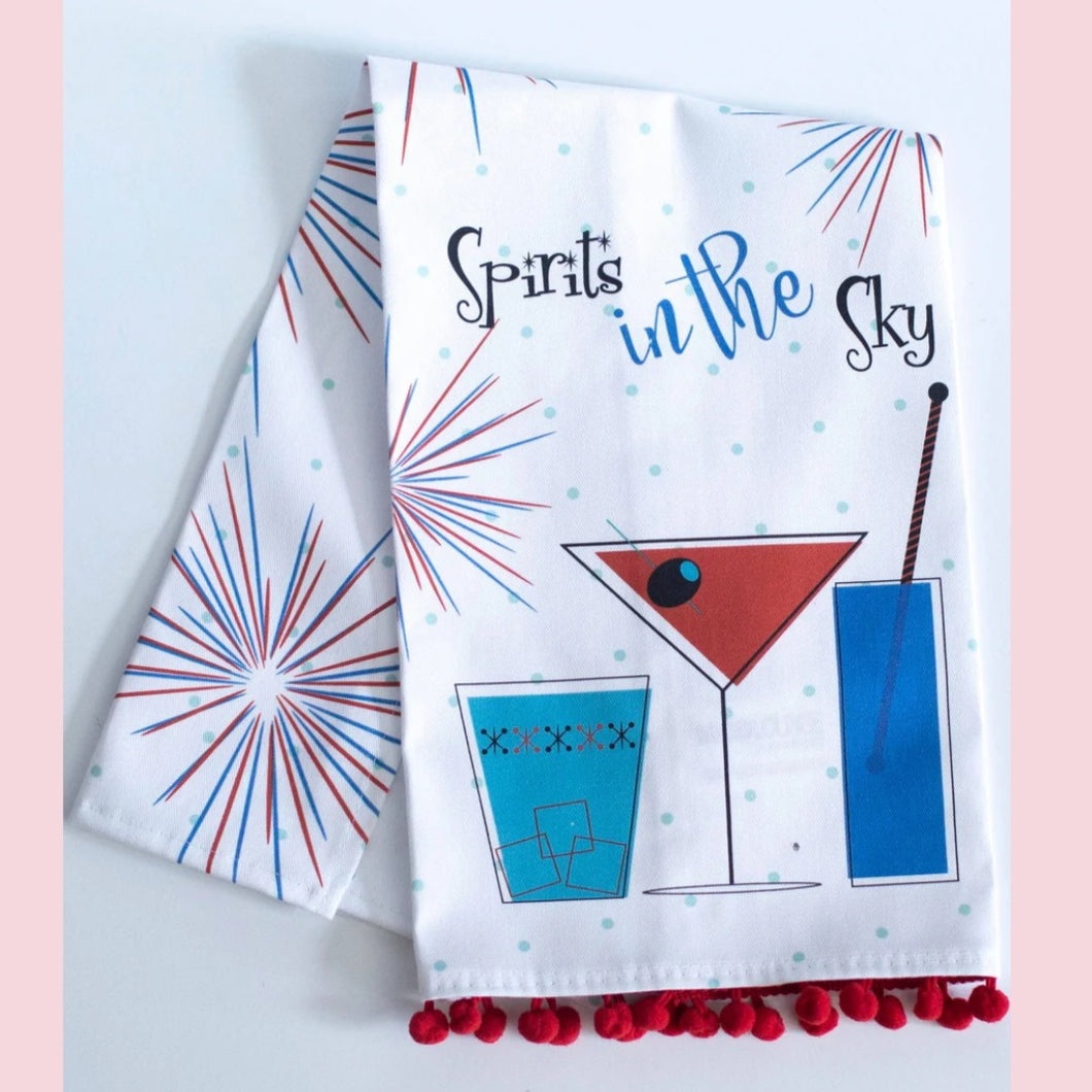 Spirits In The Sky Mid Century Cocktails Dish Towel With Pom Pom Trim