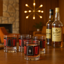 Load image into Gallery viewer, Black &amp; Red Retro Blocks Old Fashioned Rocks Cocktail Glass With Star Detail
