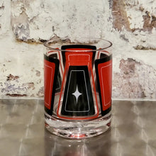 Load image into Gallery viewer, Black &amp; Red Retro Blocks Old Fashioned Rocks Cocktail Glass With Star Detail
