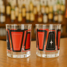 Load image into Gallery viewer, Black &amp; Red Retro Blocks Old Fashioned Rocks Cocktail Glass With Star Detail
