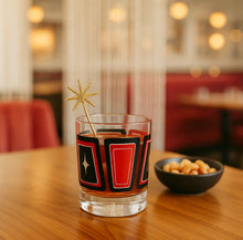 Load image into Gallery viewer, Black &amp; Red Retro Blocks Old Fashioned Rocks Cocktail Glass With Star Detail

