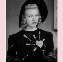 Load image into Gallery viewer, Astro Bettie Carefree Embroidered Ladies Sweater Black With Lavender Heart
