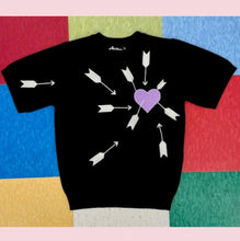 Load image into Gallery viewer, Astro Bettie Carefree Embroidered Ladies Sweater Black With Lavender Heart

