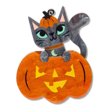 Load image into Gallery viewer, Erstwilder Midnight Mischief Cat O'Lantern Acrylic Brooch

