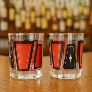 Black & Red Retro Blocks Old Fashioned Rocks Cocktail Glass With Star Detail