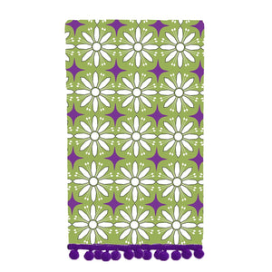 Green & Purple Mid Century Flower Design Dish Towel With Pom Pom Trim