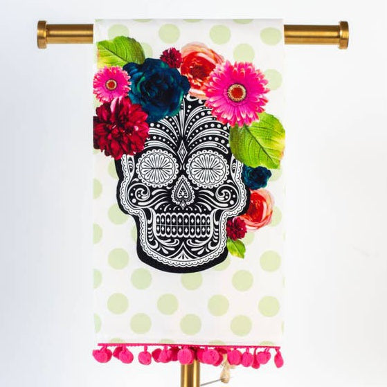 Mexican Floral Skull Dish Towel With Pom Pom Trim