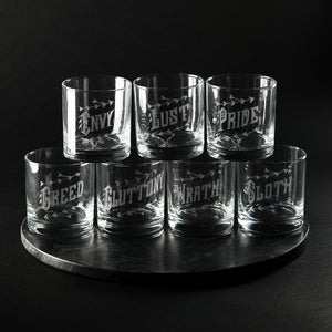 Set Of Seven Deadly Sins Old Fashioned Rocks Cocktail Glasses