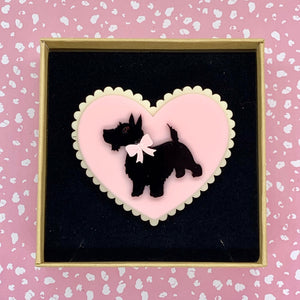 Scottie Dog In Pink Love Heart Brooch