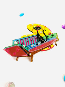 Mid Century Atomic Cat On Sofa Pin Brooch