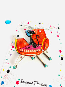 Mid Century Atomic Cat On Chair Pin Brooch