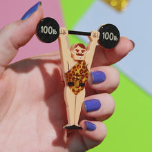 Load and play video in Gallery viewer, Erstwilder A Day At The Fair World&#39;s Strongest Man Acrylic Brooch
