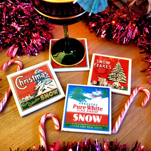 Set Of 4 Vintage Fake Snow Christmas Coasters