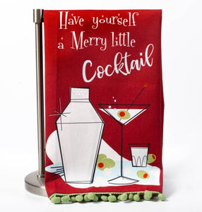 Merry Little Cocktail Christmas Dish Towel With Pom Pom Trim