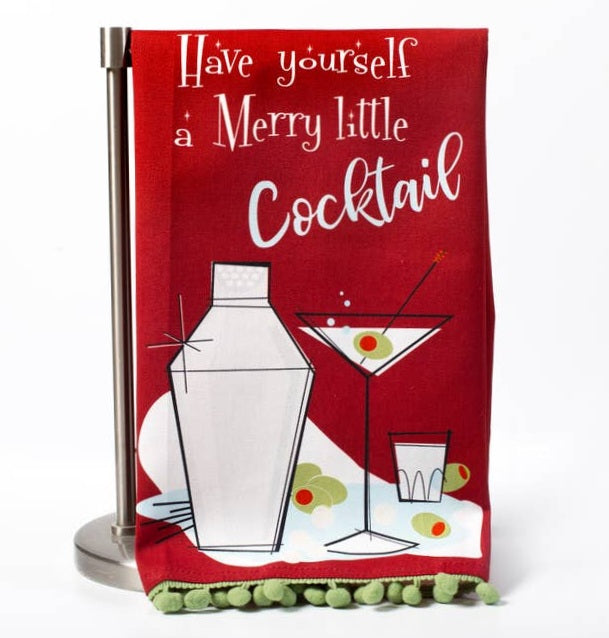 Merry Little Cocktail Christmas Dish Towel With Pom Pom Trim