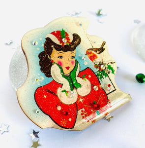 Vintage Lady With Little Robin Christmas Brooch