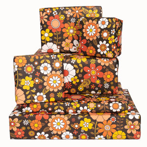 Brown Retro Floral Gift Wrapping Paper