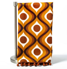 Load image into Gallery viewer, Mid Century Amber Circles &amp; Waves Dish Towel With Pom Pom Trim
